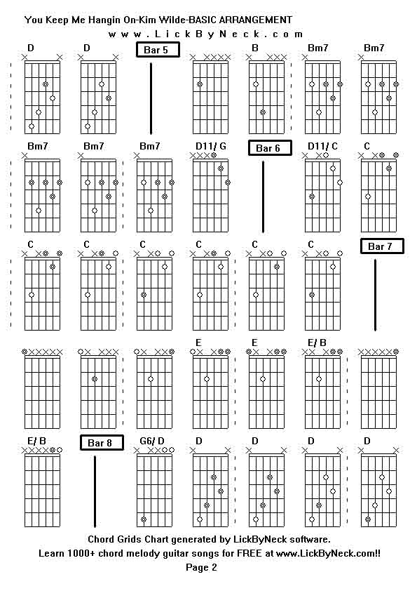 Chord Grids Chart of chord melody fingerstyle guitar song-You Keep Me Hangin On-Kim Wilde-BASIC ARRANGEMENT,generated by LickByNeck software.